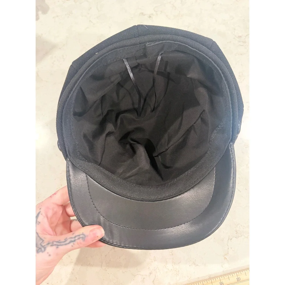 Black‎ Newsboy Baker Boy Hat Faux Leather Brim Y2K Cabbie Cap Adjustable Black